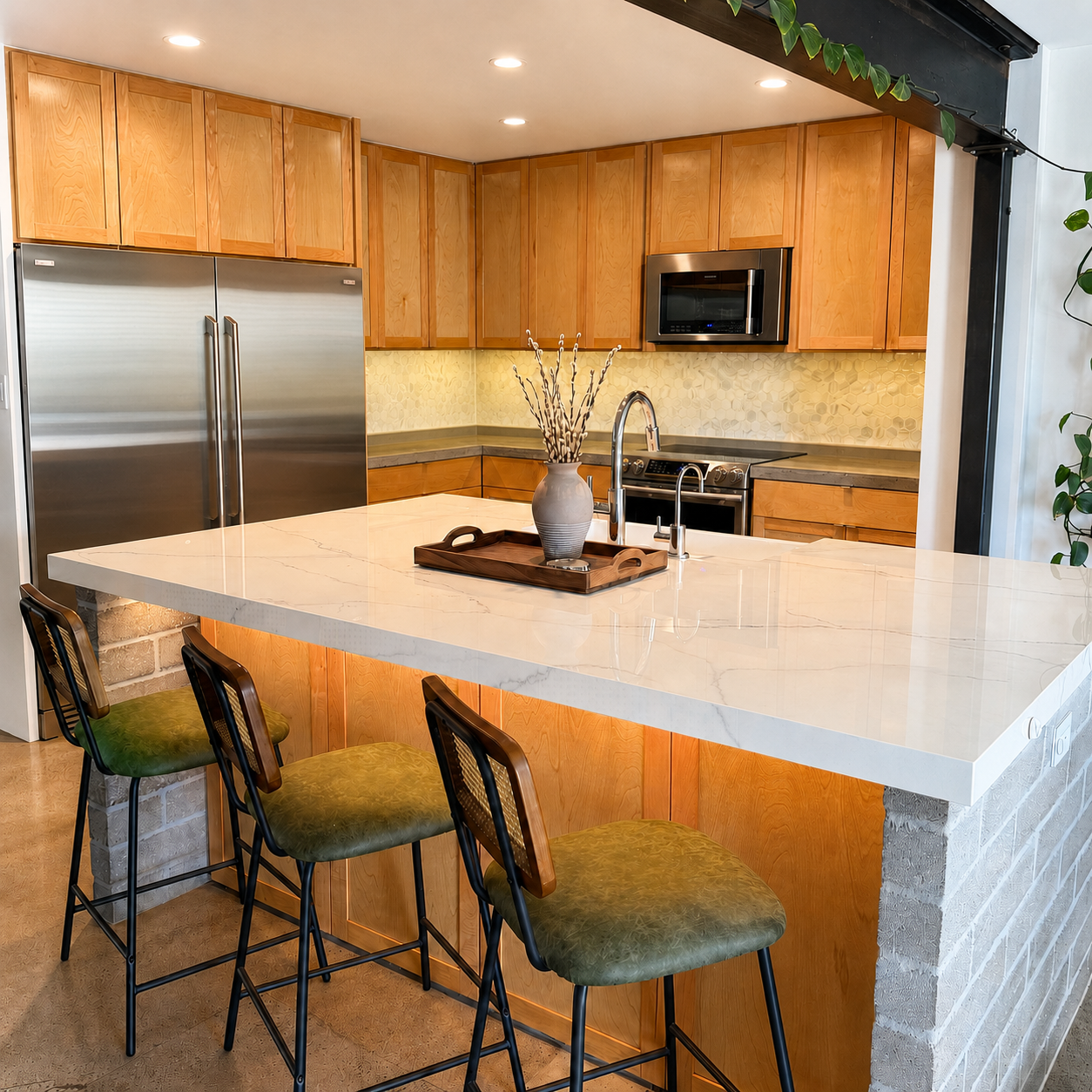Custom kitchen remodel with natural wood cabinetry and large porcelain island