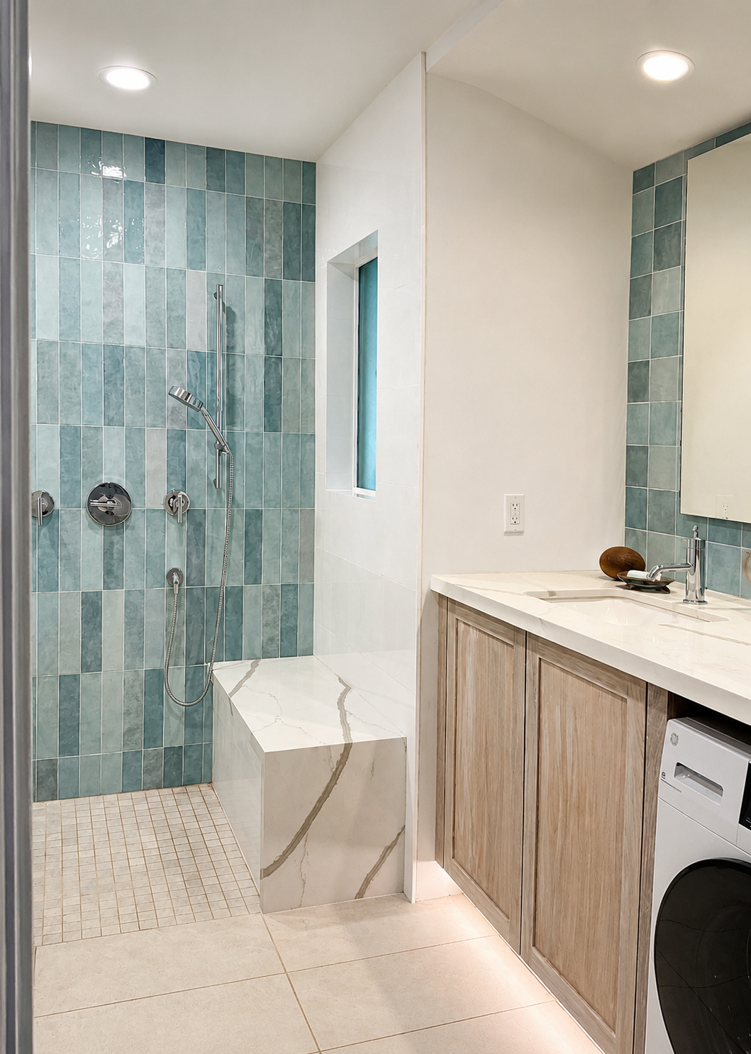 Luxury bathroom remodel with muted white oak vanity and blue tile curbless shower